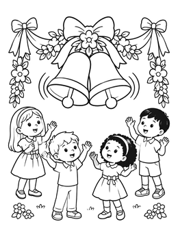 Happy children waving below bells in this joyful wedding coloring page.