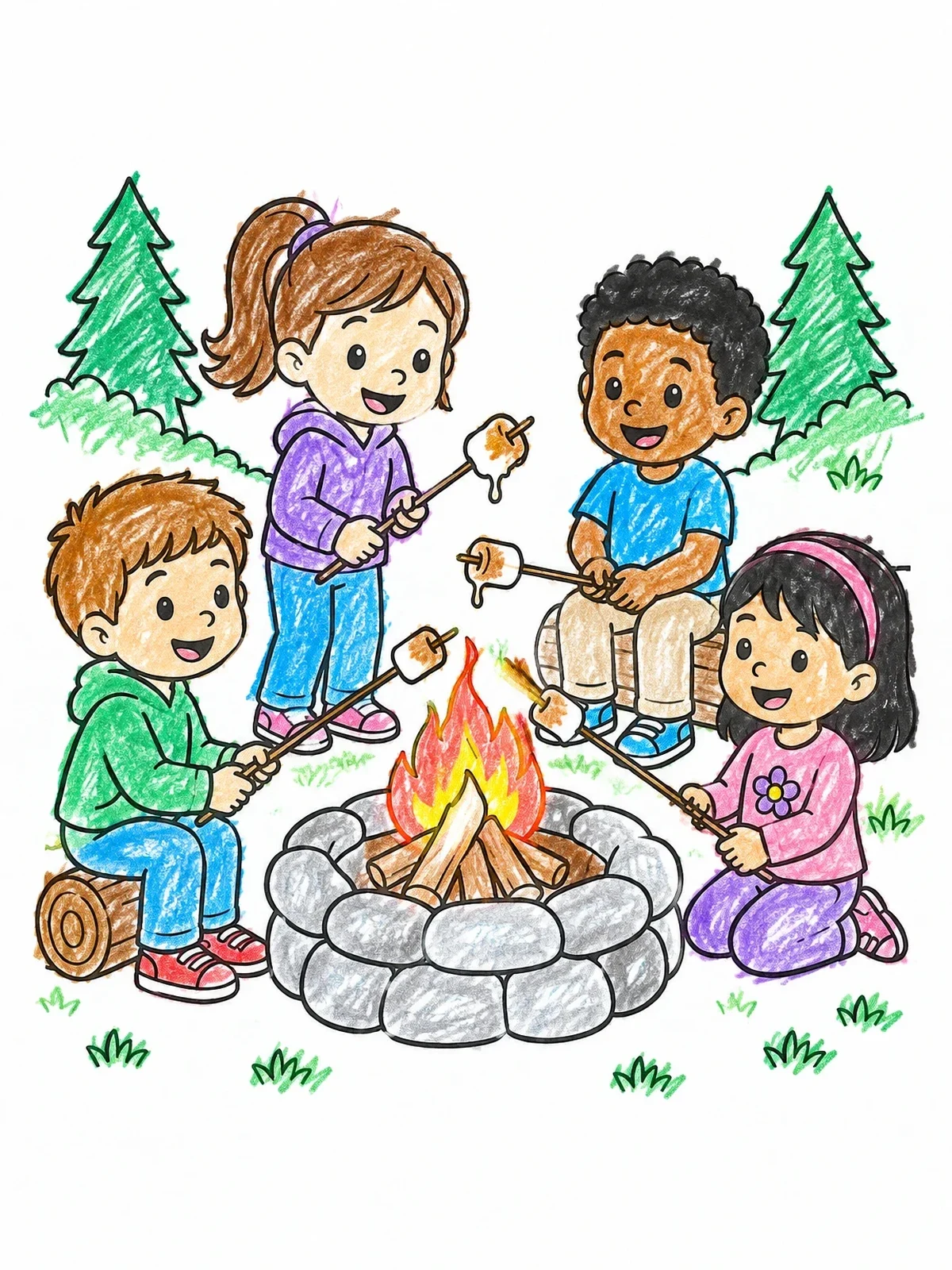 Colored example of the Children Roasting Marshmallows By Campfire coloring page