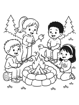 Free printable Children Roasting Marshmallows By Campfire coloring page