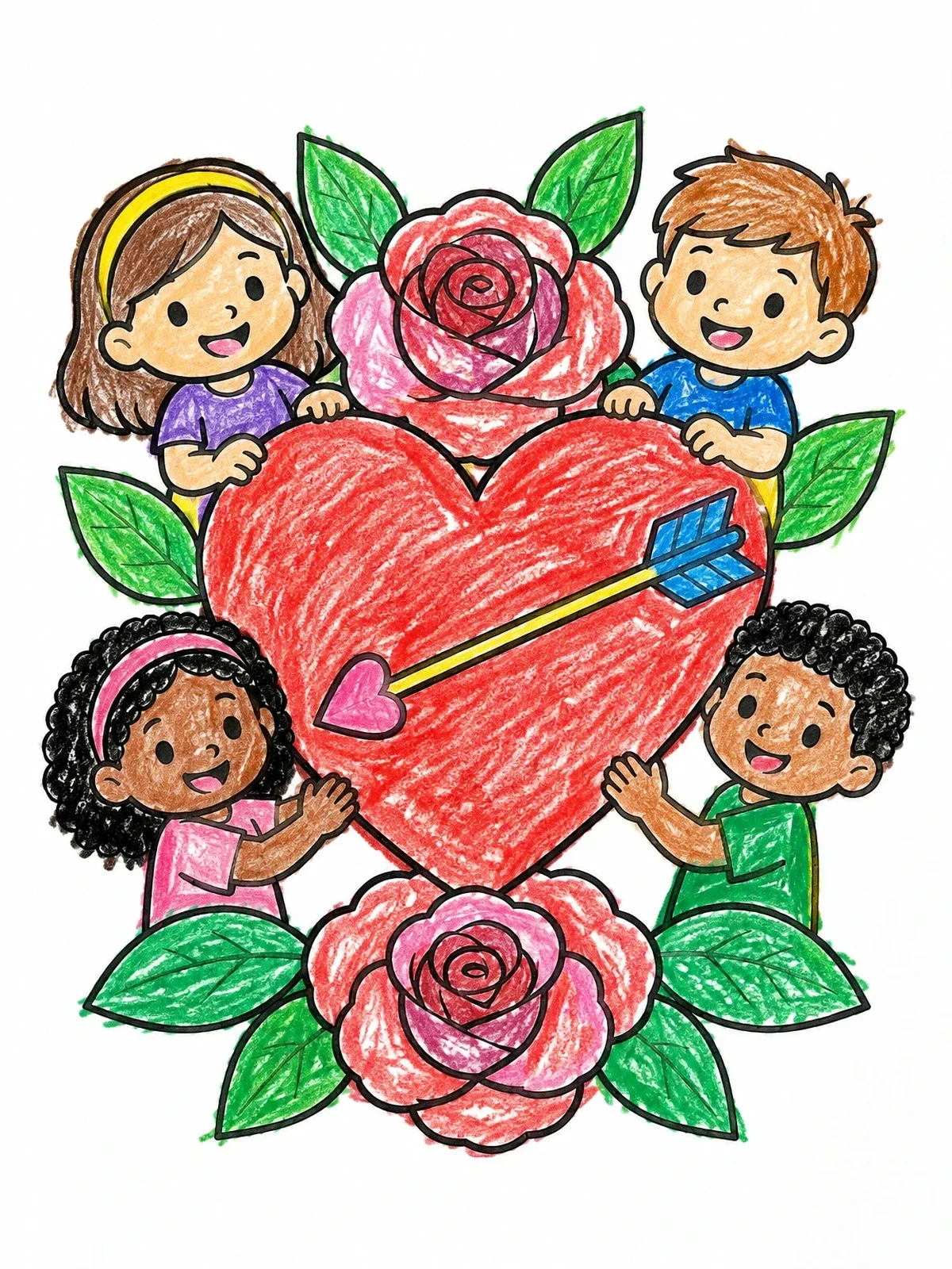 Colored example of the Children Holding A Big Heart With Roses coloring page