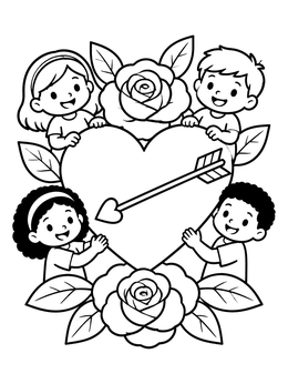 Free printable Children Holding A Big Heart With Roses coloring page