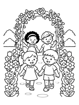Happy children walking through a blooming garden on this fun may coloring page.