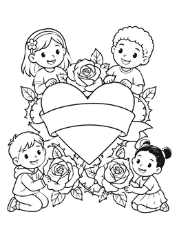 Free printable Children With Heart And Blooming Roses coloring page
