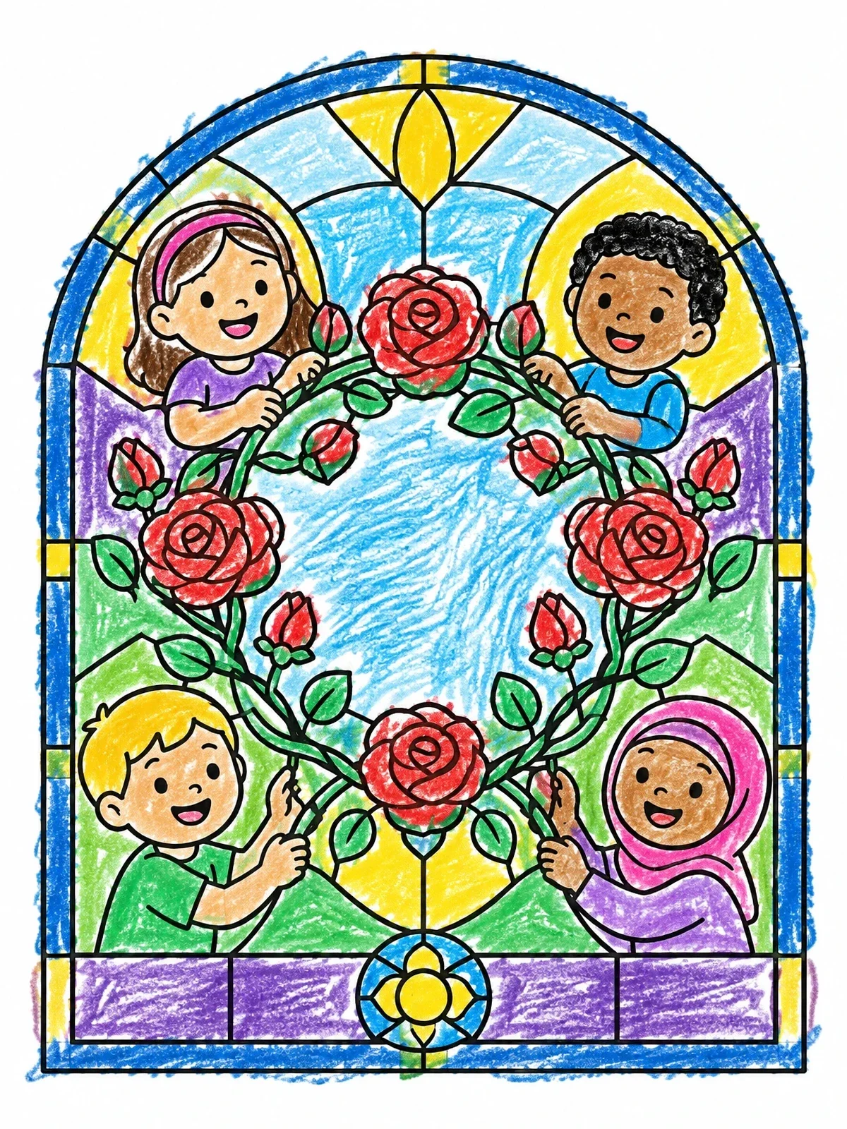 Colored example of the Children And Rose Window Wreath coloring page