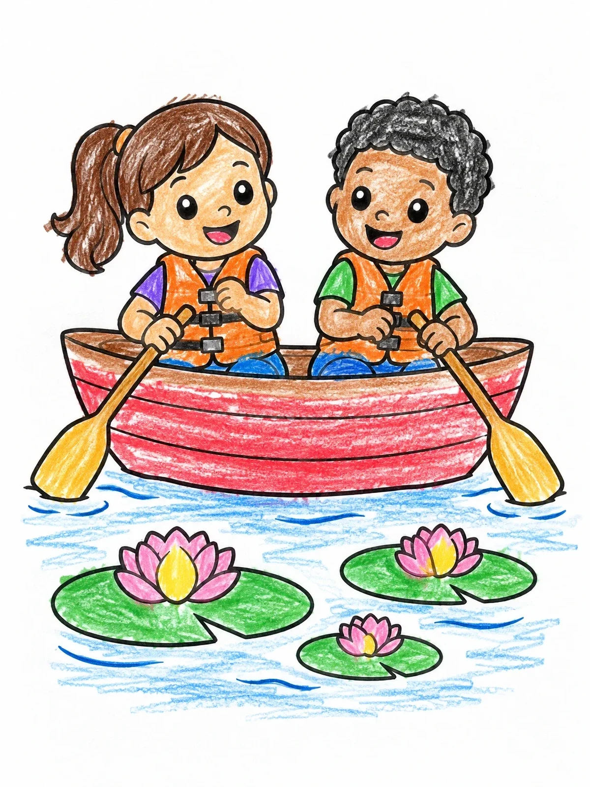 Colored example of the Children Rowing Past Water Lilies coloring page