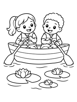 Free printable Children Rowing Past Water Lilies coloring page