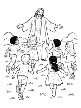 A joyful jesus loves the children coloring page showing kids running to him with open arms outdoors.