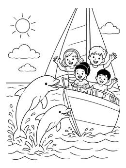Free printable Children On Sailboat Watching Dolphins coloring page