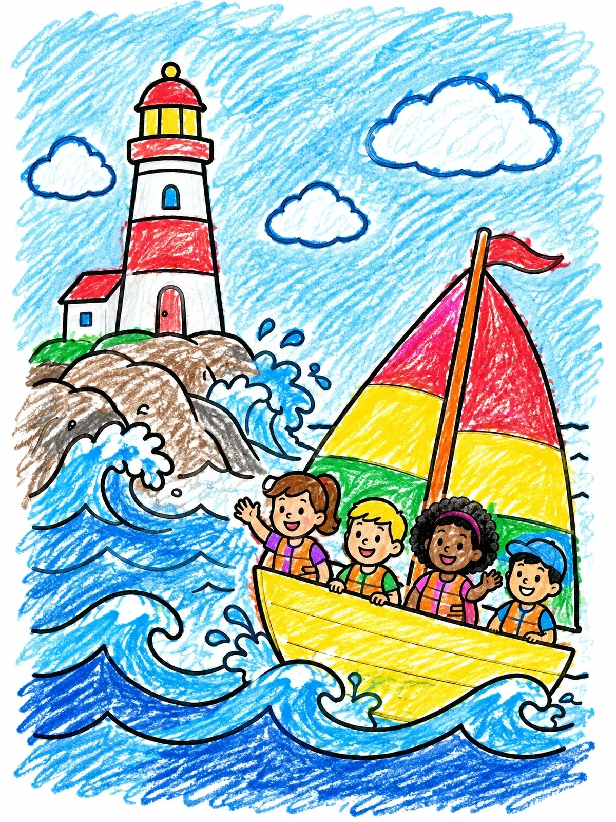 Colored example of the Children Sailing Past A Lighthouse coloring page