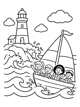 Free printable Children Sailing Past A Lighthouse coloring page