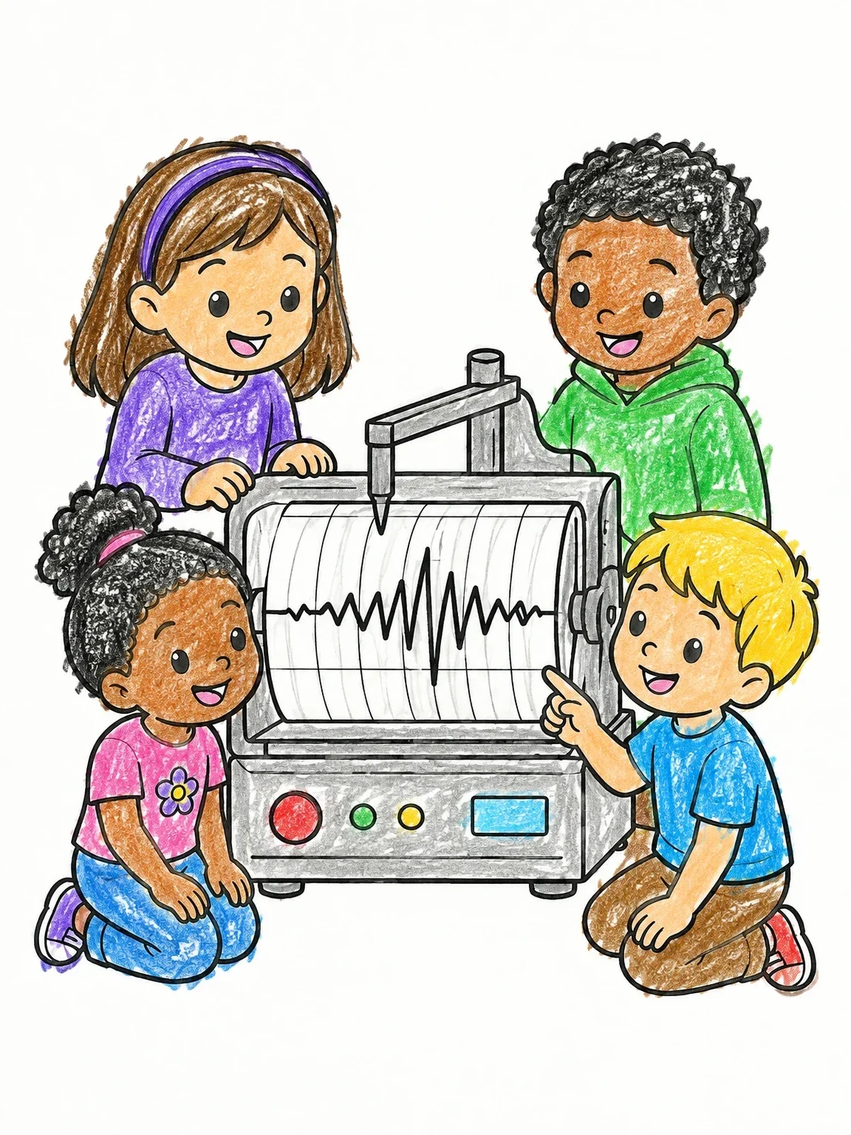 Colored example of the Children Learning With A Seismograph coloring page