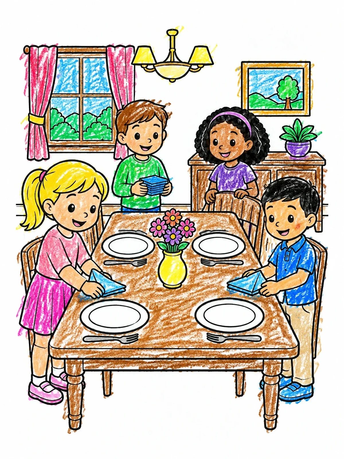 Colored example of the Children Setting The Dining Table coloring page