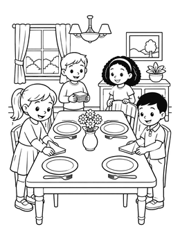 Free printable Children Setting The Dining Table coloring page