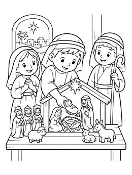 Free printable Children Setting Up A Nativity Creche coloring page