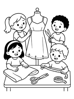 Four cheerful kids sewing around a mannequin in this dress coloring page.