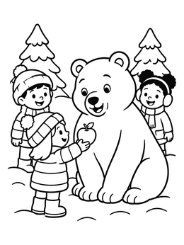 Free printable Children Sharing Apple With Winter Bear coloring page
