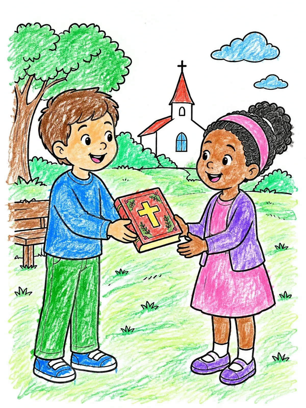 Colored example of the Children Sharing A Holy Bible coloring page