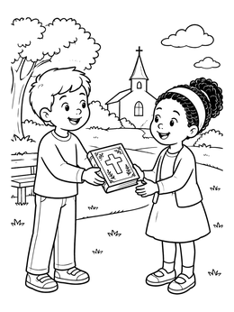 A friendly sharing coloring page showing a boy handing a Bible to a smiling girl outside.