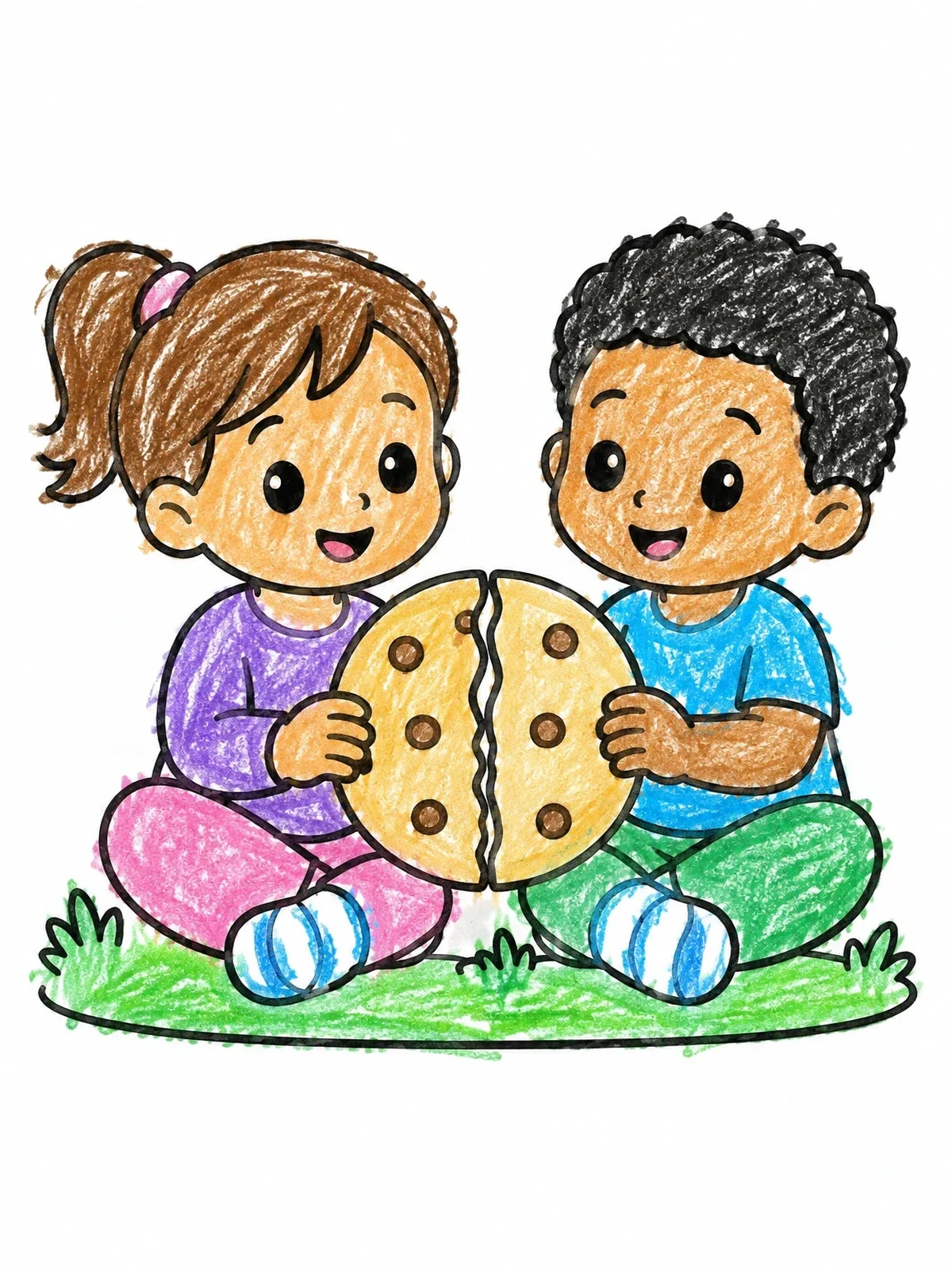 Colored example of the Children Splitting A Big Cookie coloring page