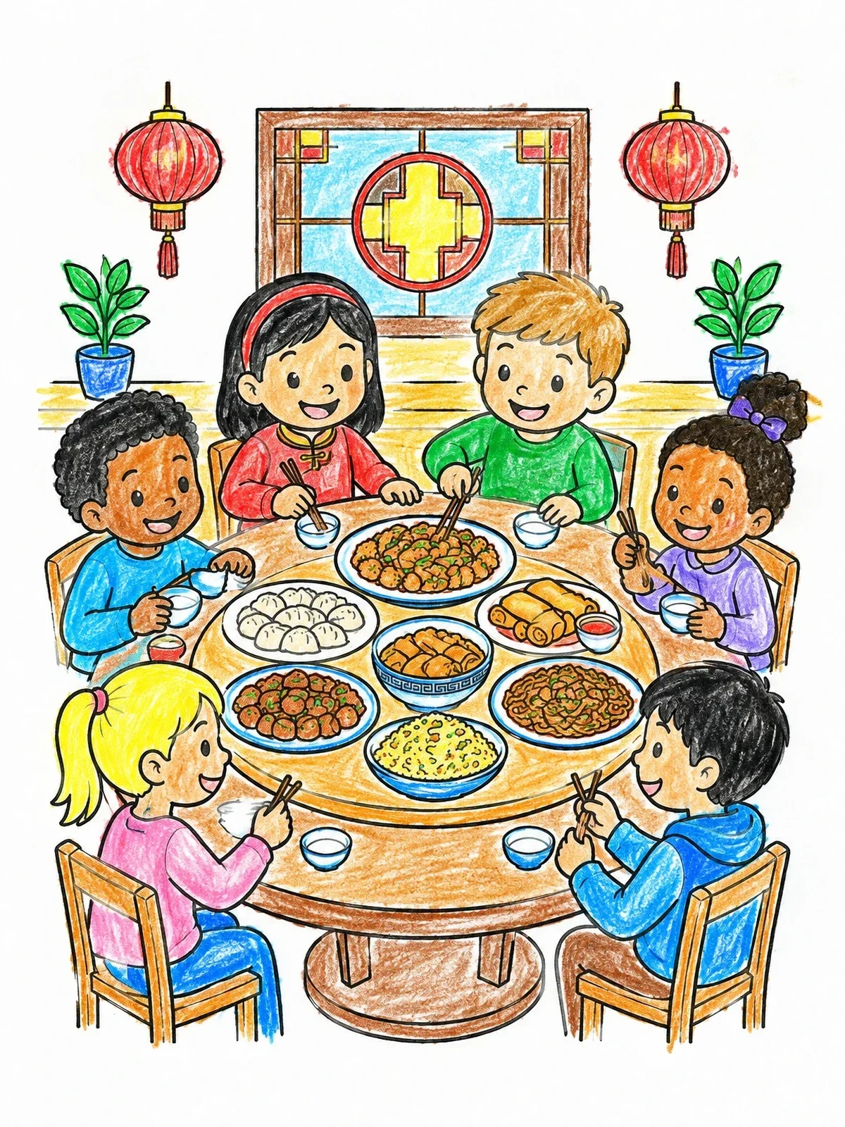 Colored example of the Children Sharing Chinese Banquet Dishes coloring page
