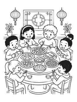 Free printable Children Sharing Chinese Banquet Dishes coloring page