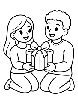 Free printable Children Sharing A Christmas Gift coloring page