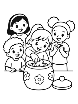 Excited kids gather around a treat jar in this cookie coloring page.