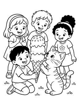 A kitten licking a giant waffle cone in this cute ice cream coloring page with happy children.