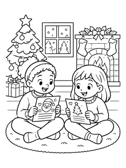 Free printable Children Sharing Letters By The Fireplace coloring page