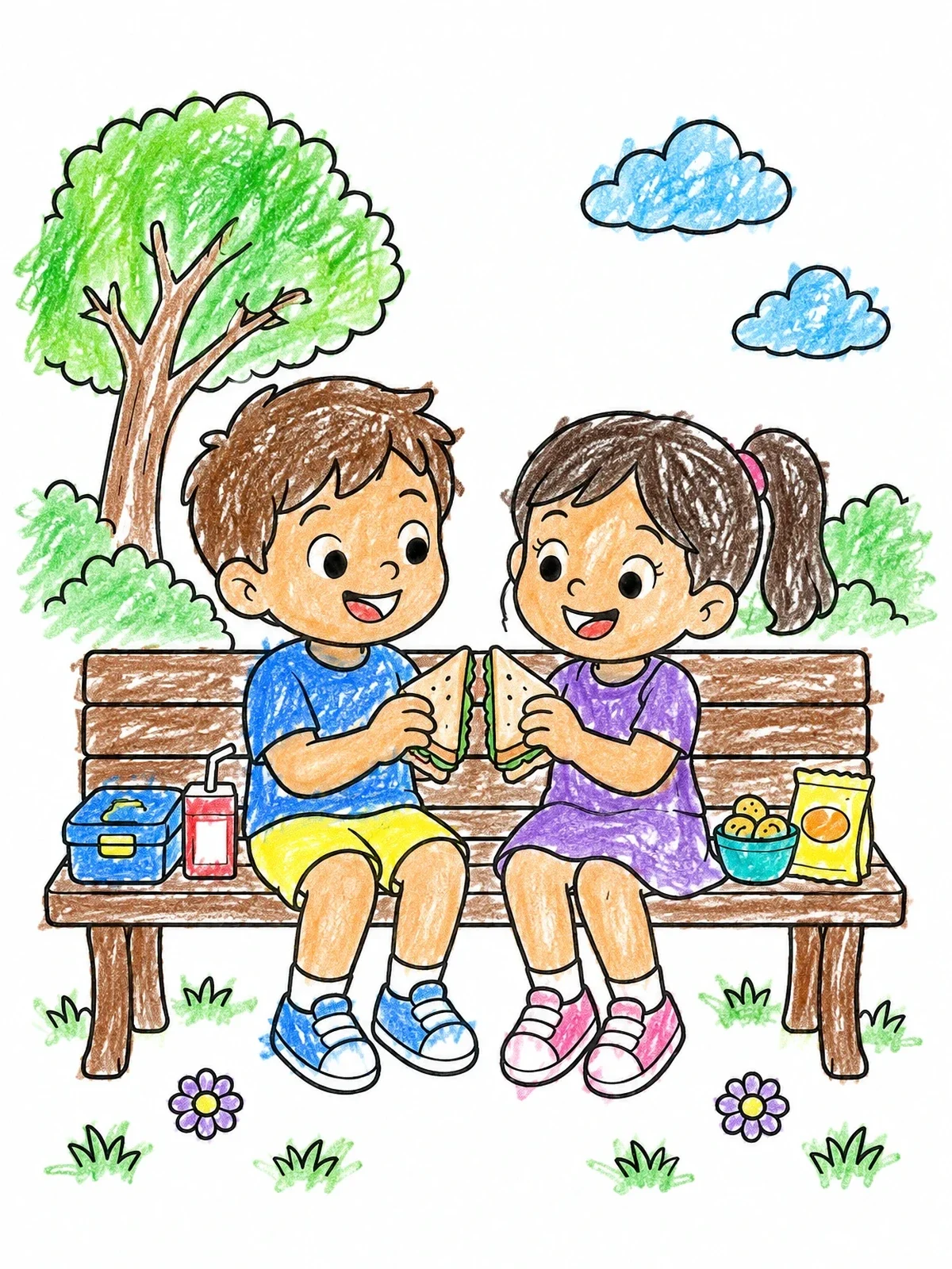 Colored example of the Children Sharing Lunch In The Park coloring page