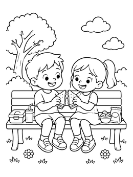 Free printable Children Sharing Lunch In The Park coloring page