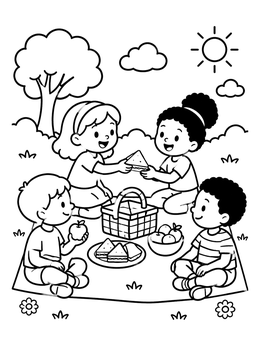 Free printable Children Sharing Sandwiches At A Picnic coloring page