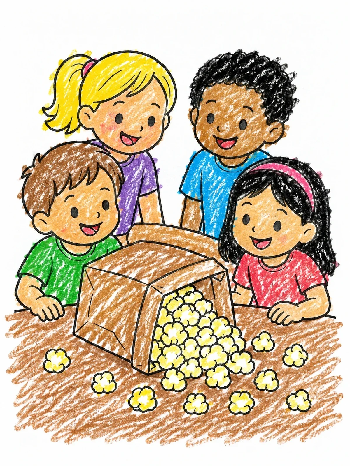 Colored example of the Children Sharing Spilled Popcorn Bag coloring page