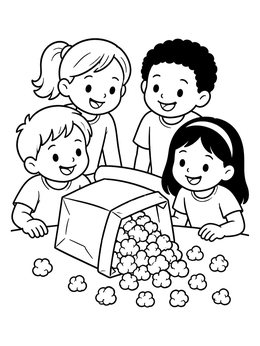Free printable Children Sharing Spilled Popcorn Bag coloring page