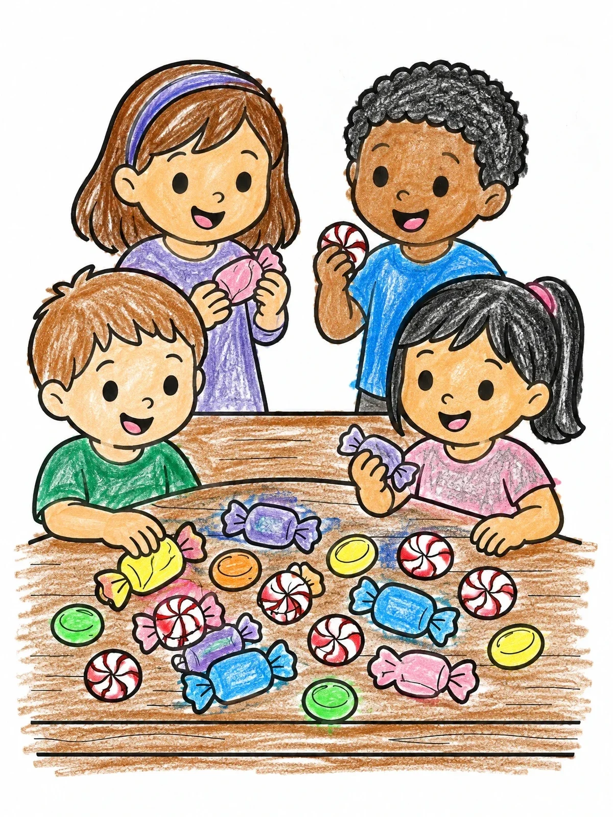 Colored example of the Children Sharing Sweets At The Table coloring page