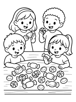 Happy children enjoy treats in this sweets coloring page.