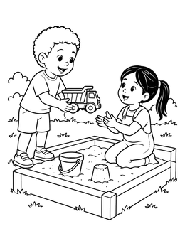 A friendly boy handing a toy dump truck to a girl on this sharing coloring page.