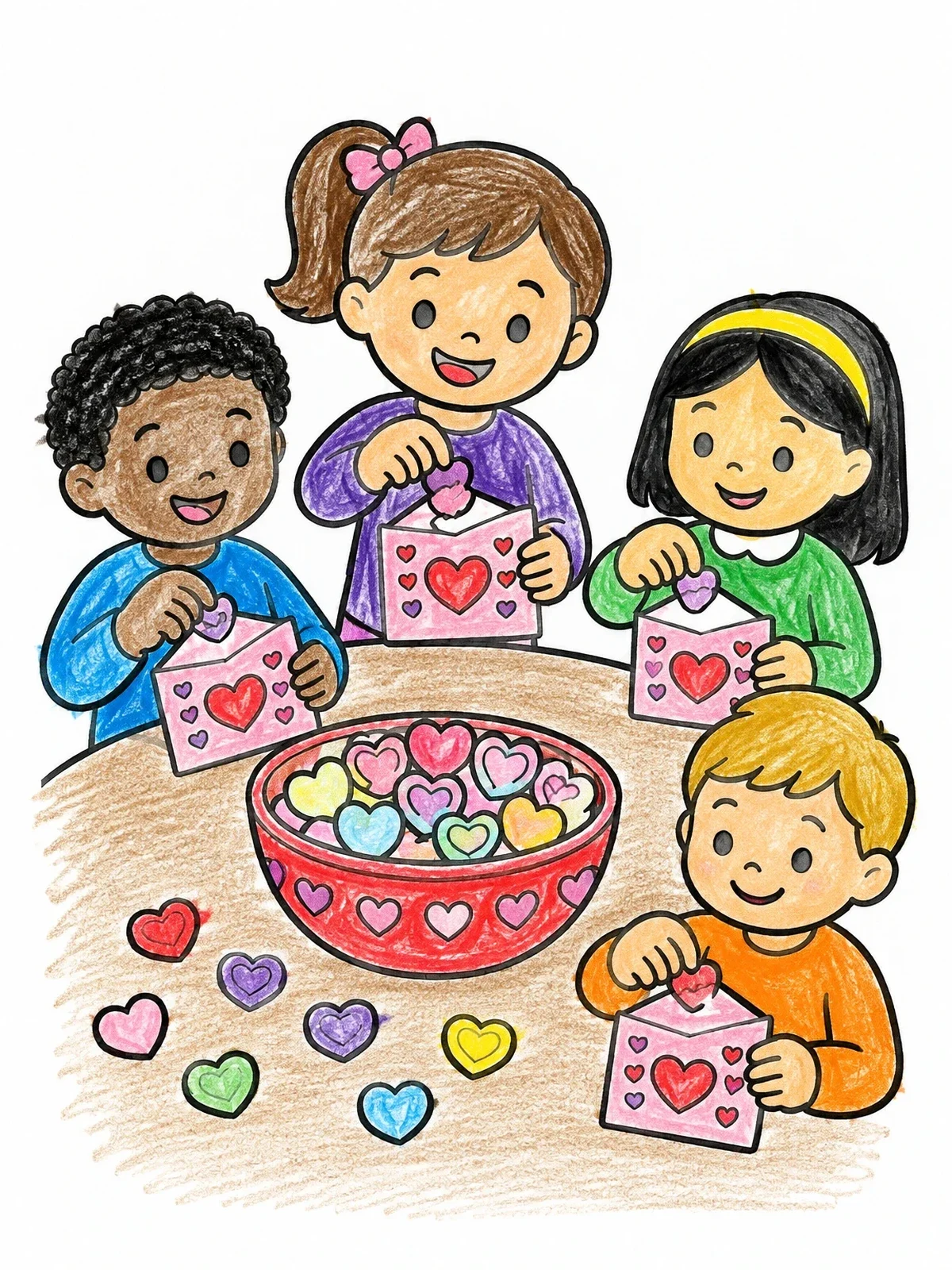 Colored example of the Children Sharing Valentine Heart Candies coloring page