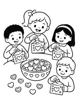 Free printable Children Sharing Valentine Heart Candies coloring page