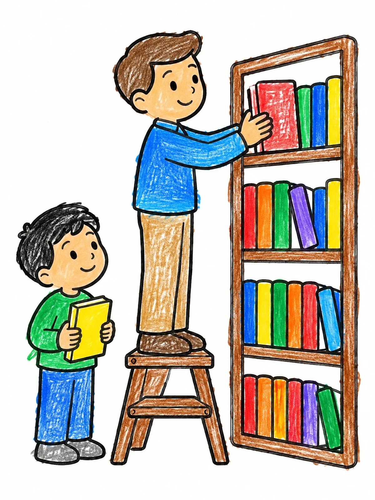 Colored example of the Children Shelving Books In Library coloring page