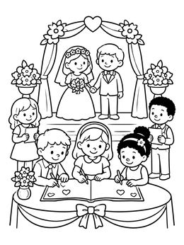 Kids write messages in a guest book in this cheerful wedding coloring page.