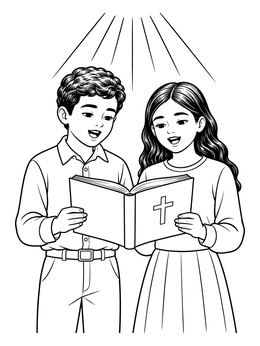 A boy and girl singing from a hymnal in this sunbeam coloring page.