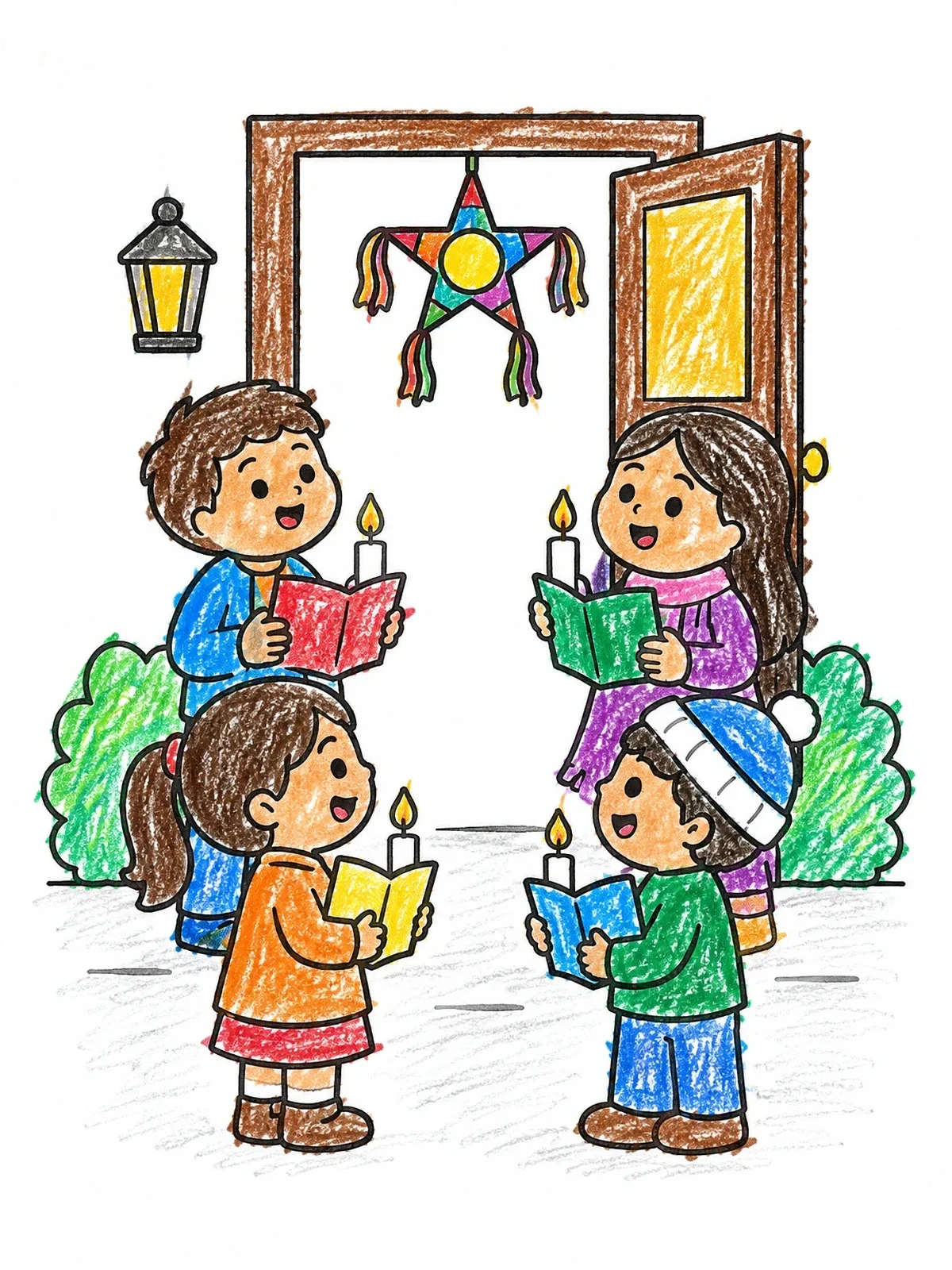Colored example of the Children Singing At The Door coloring page