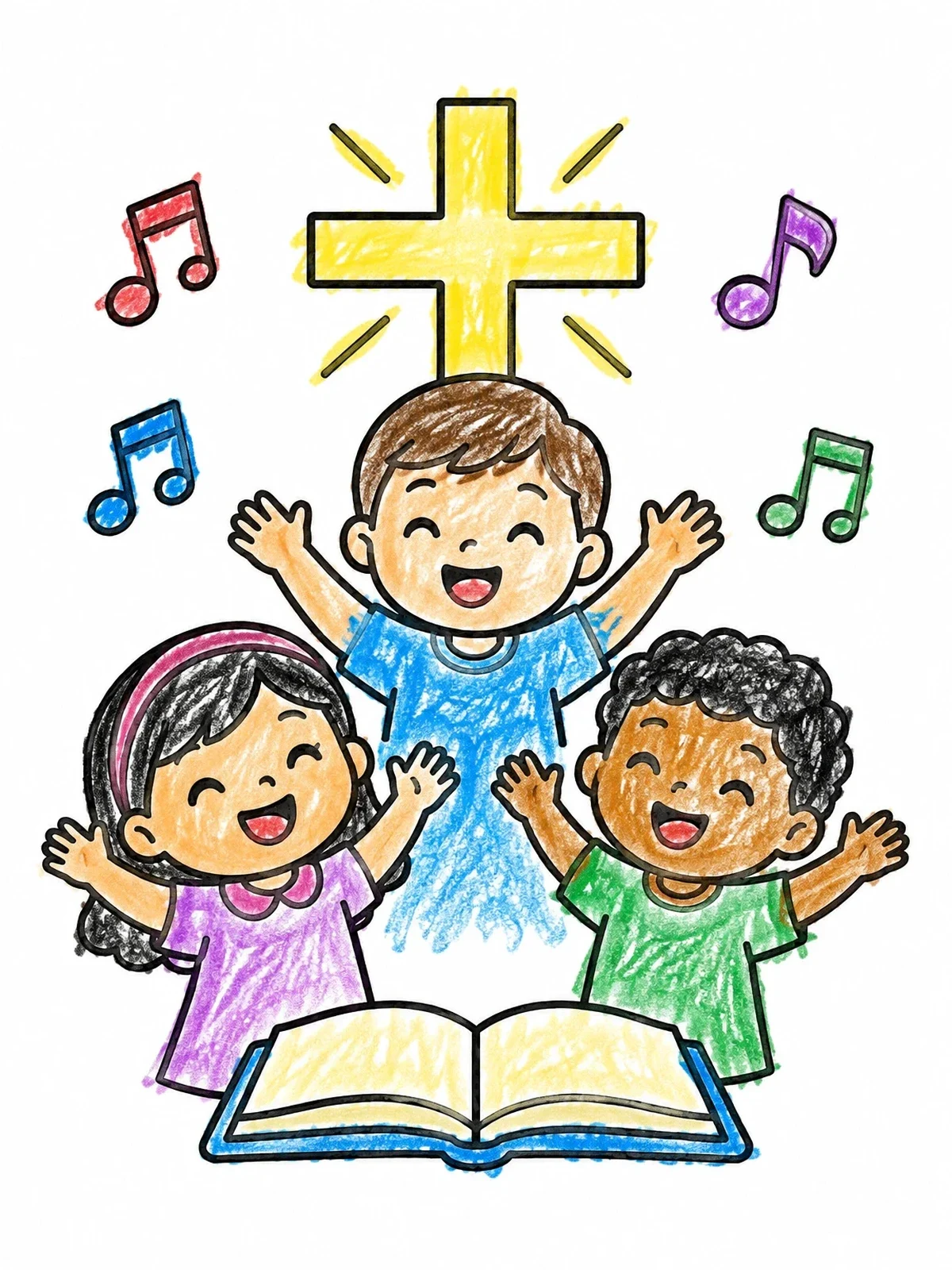 Colored example of the Children Singing Praise Together coloring page