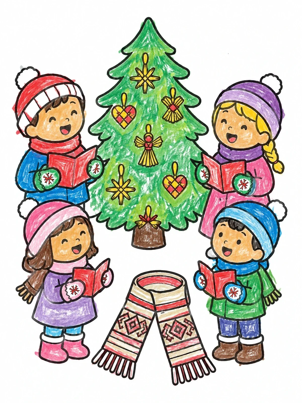Colored example of the Children Singing Around A Decorated Tree coloring page