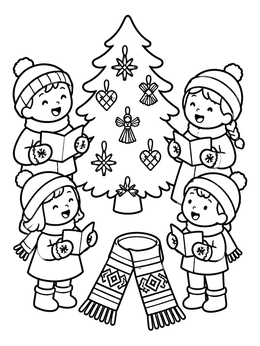 Free printable Children Singing Around A Decorated Tree coloring page