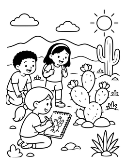 A girl sketches blooming plants in this desert coloring page alongside her friends.