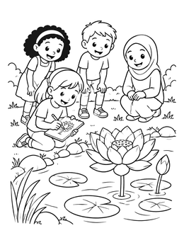 Free printable Children Sketching A Lotus Pond coloring page