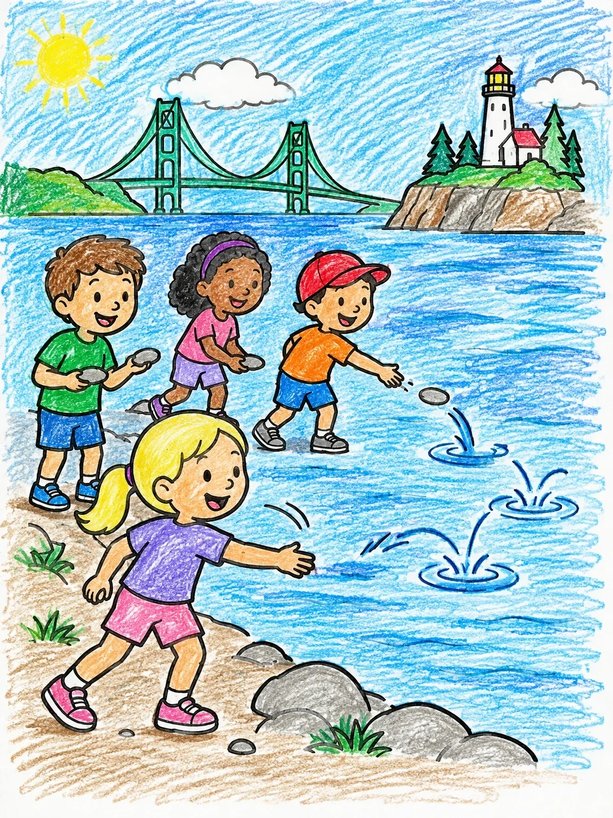 Colored example of the Children Skipping Stones By The Mackinac Bridge coloring page