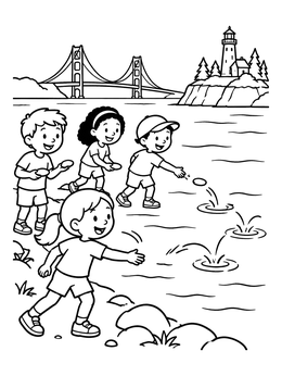 Free printable Children Skipping Stones By The Mackinac Bridge coloring page